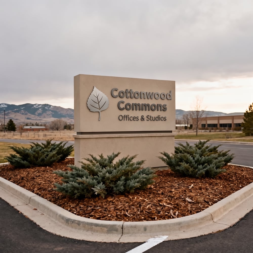 A monument sign for an office park in front of the Colorado foothills
