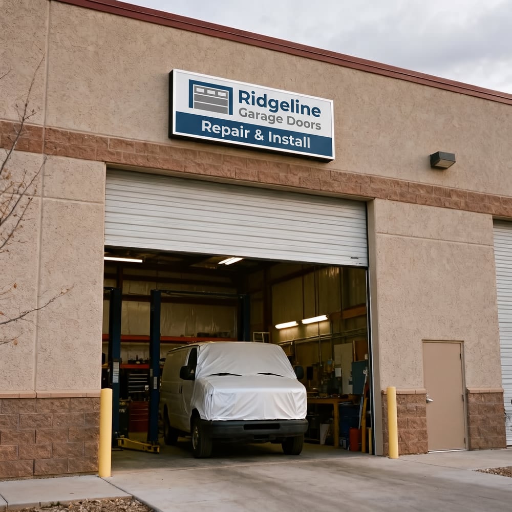 A garage-door shop with its sign over the bay door and a van waiting inside