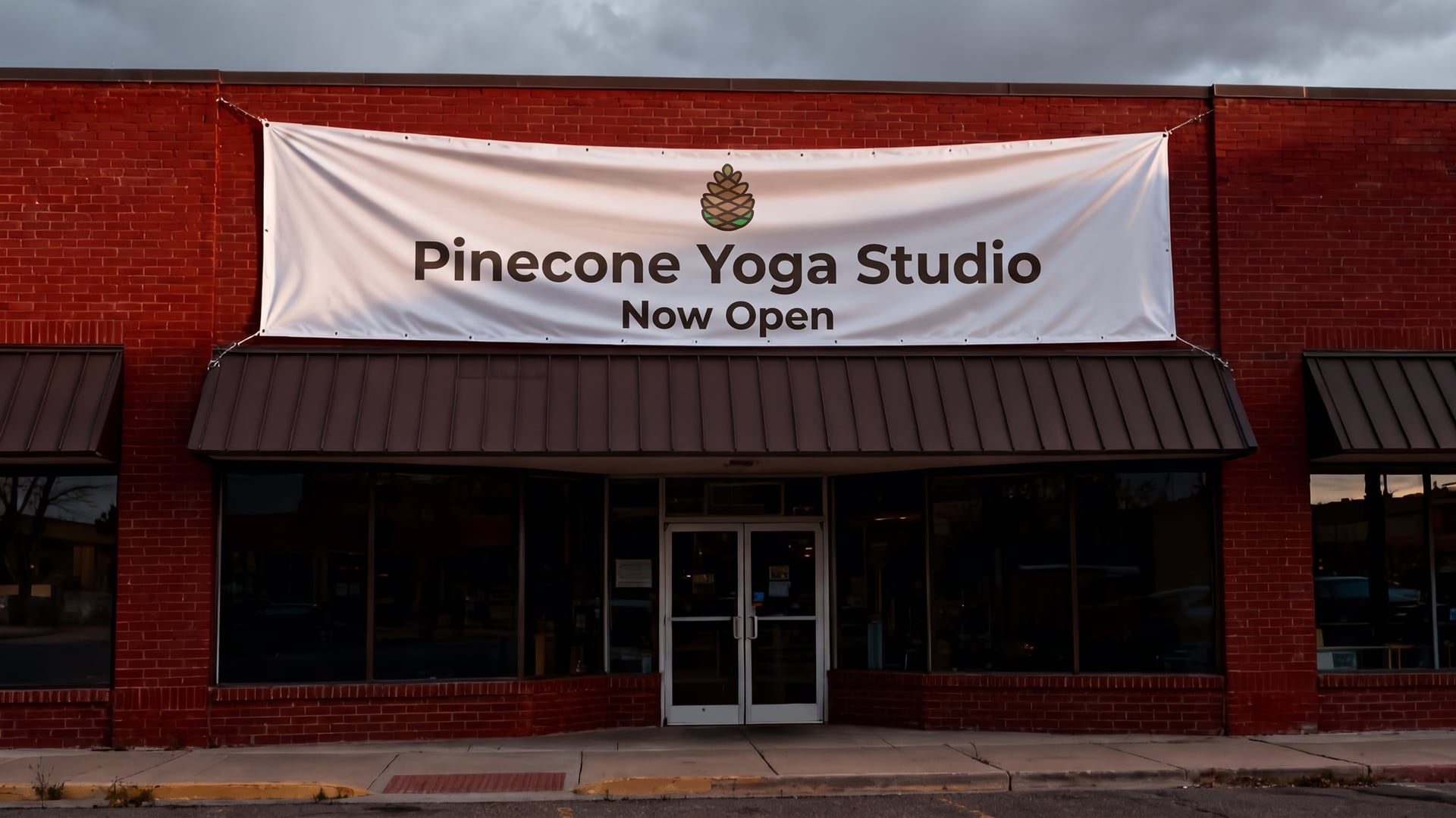 A finished storefront with its banner up