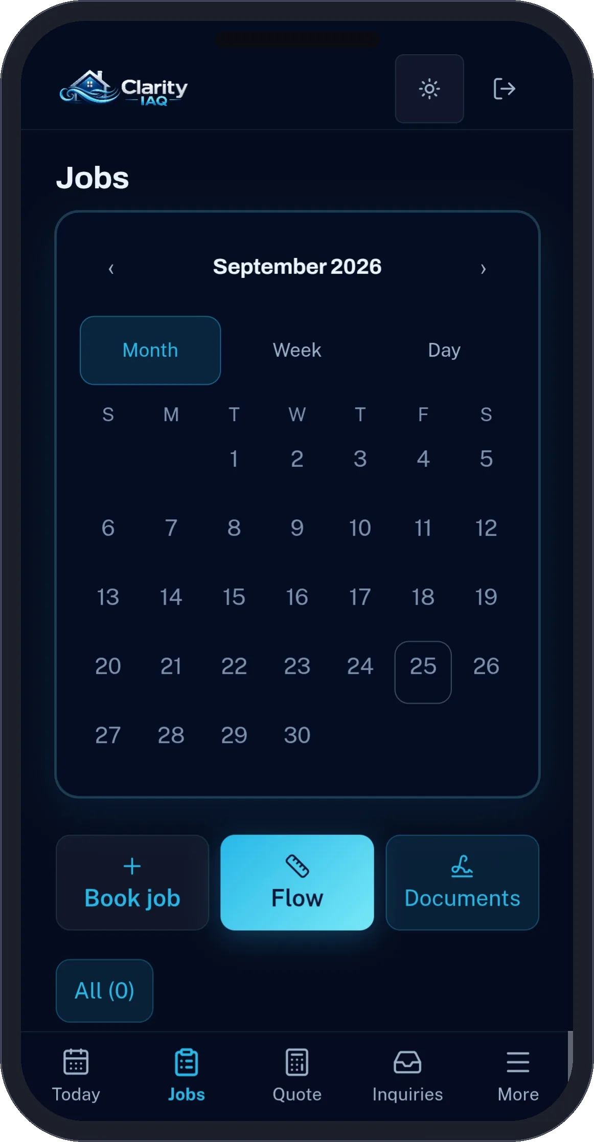 Clarity IAQ app, Jobs screen: a month calendar with week and day views, and book job, flow and documents buttons