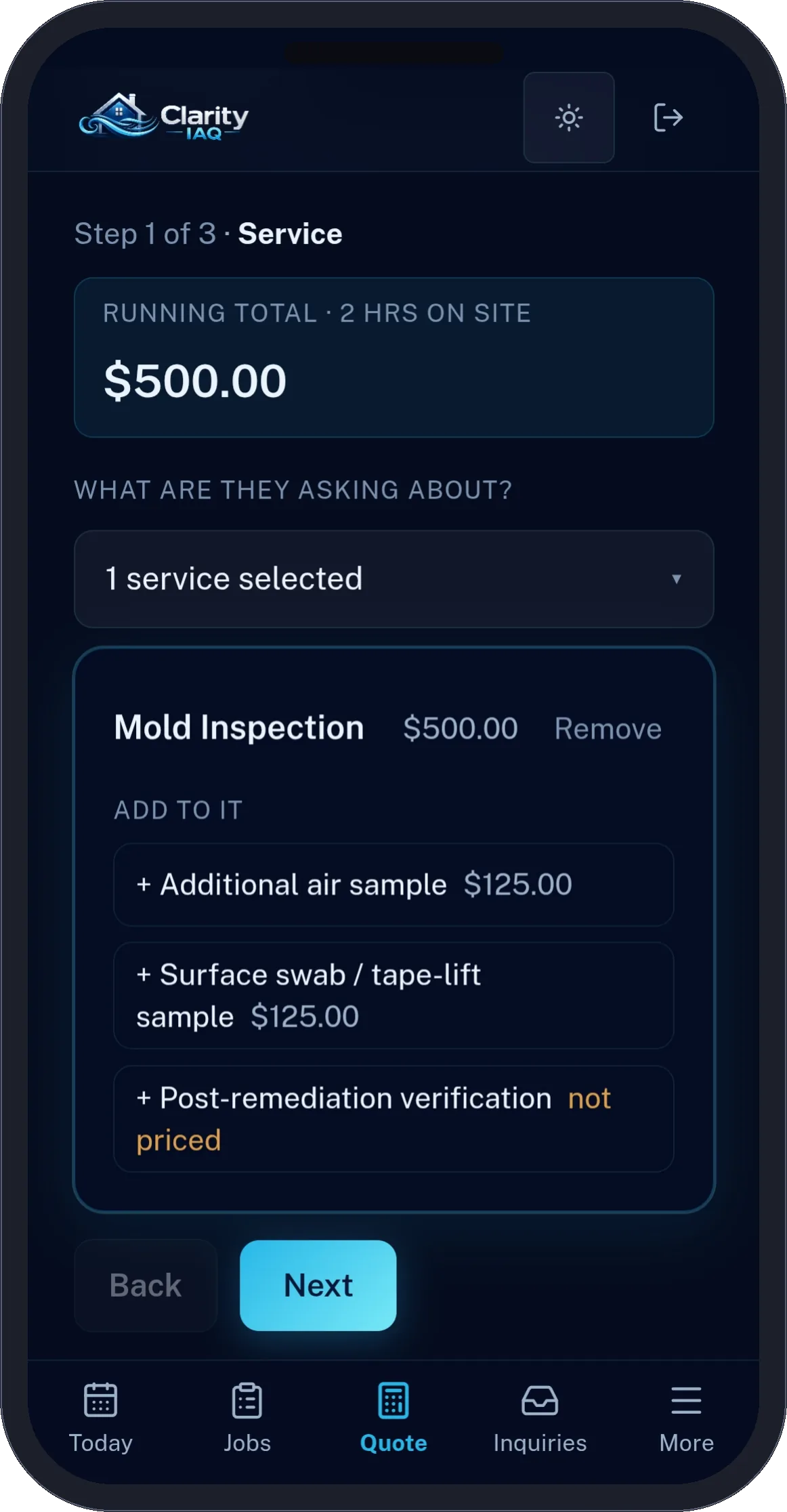 Clarity IAQ app, Mold Inspection in the quote with sample add-ons and a running total