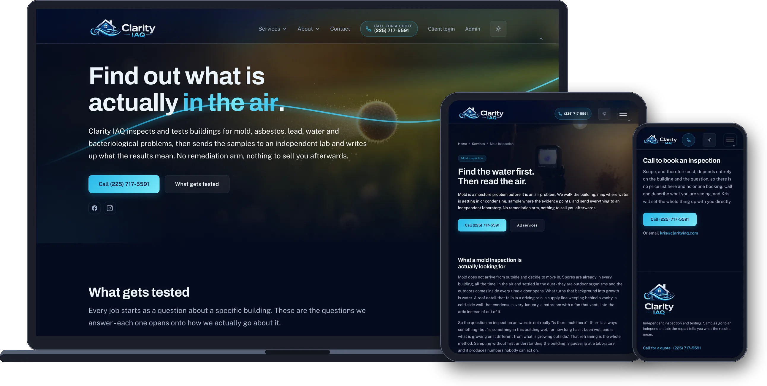 clarityiaq.com on a laptop, a tablet and a phone