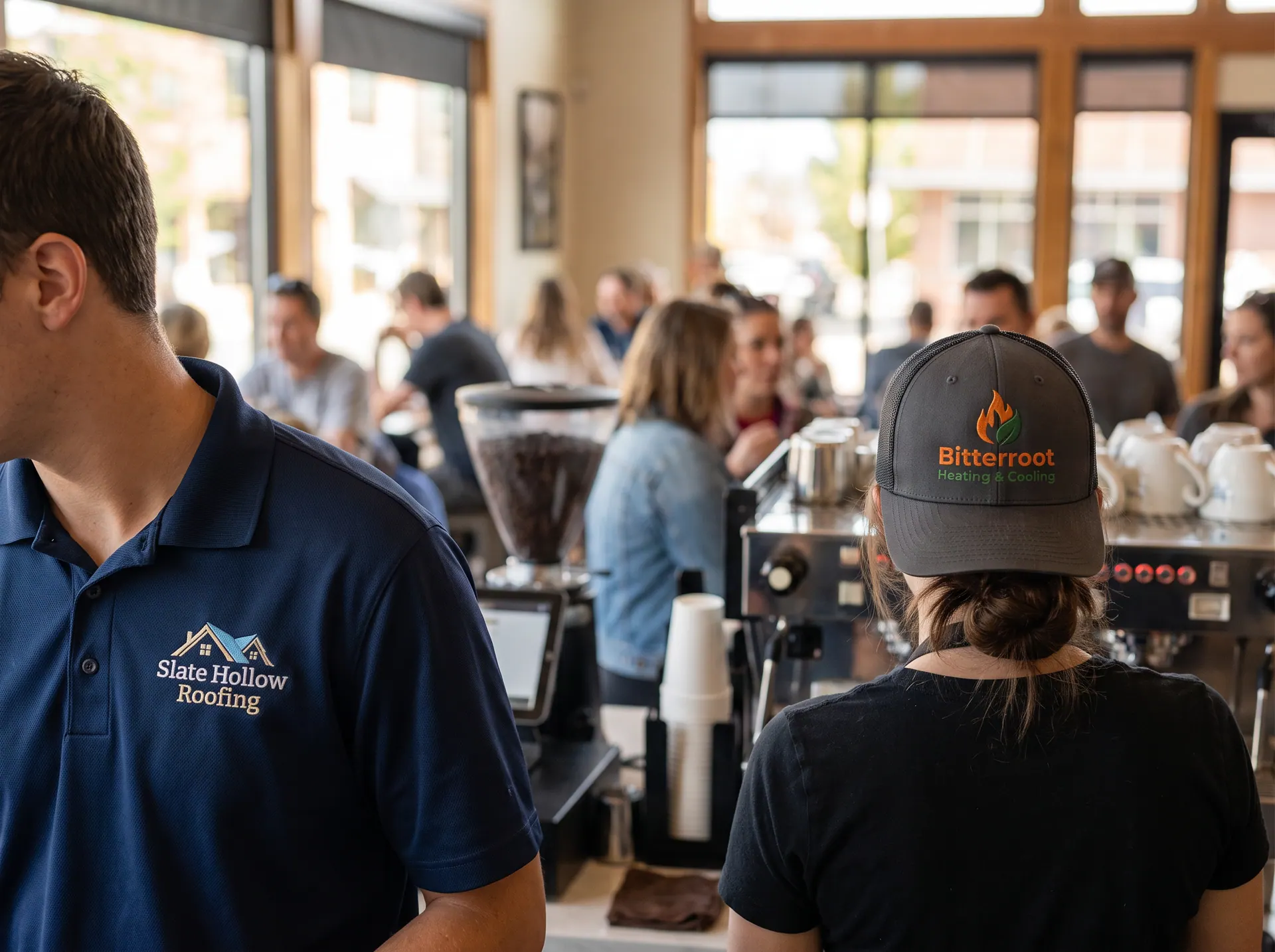 An embroidered polo and an embroidered cap worn by cafe staff behind the counter