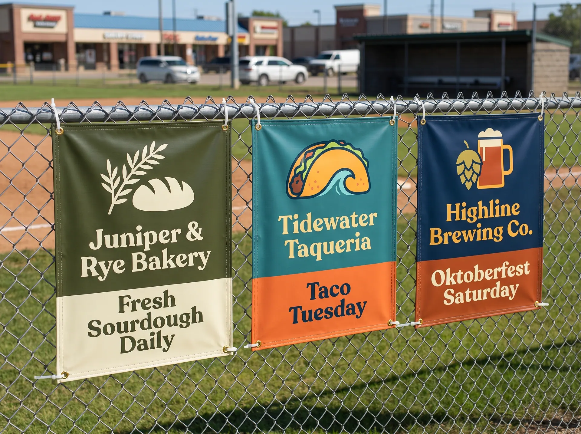 Three printed vinyl banners with grommets, zip-tied along the fence of a youth sports field
