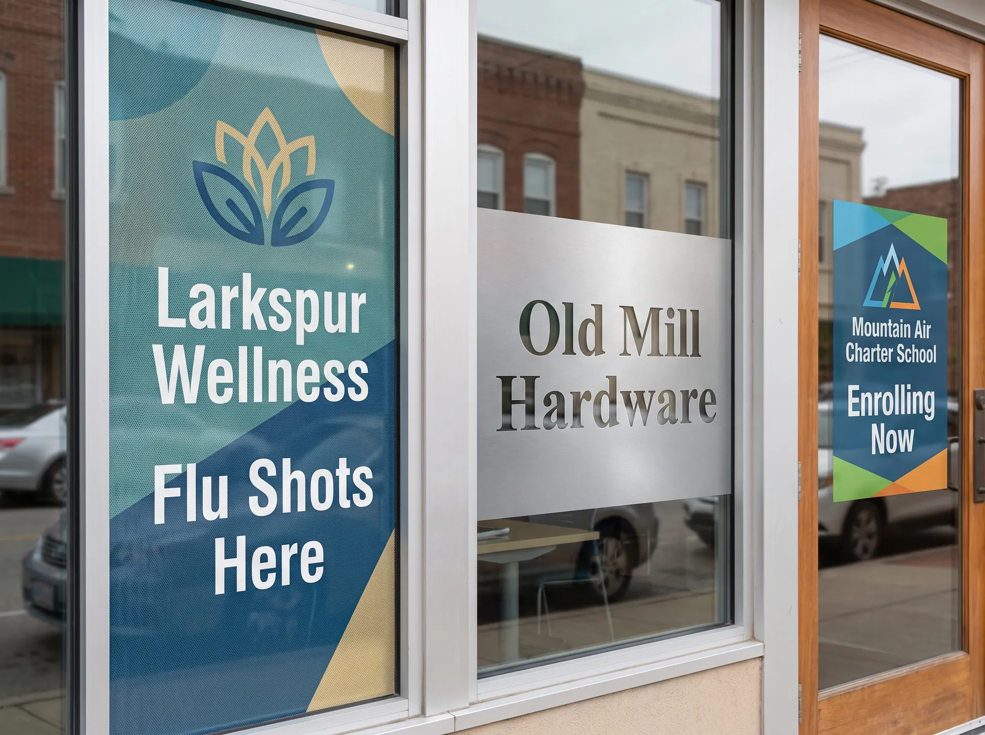 Perforated window film, frosted privacy film and a static cling on a row of storefronts