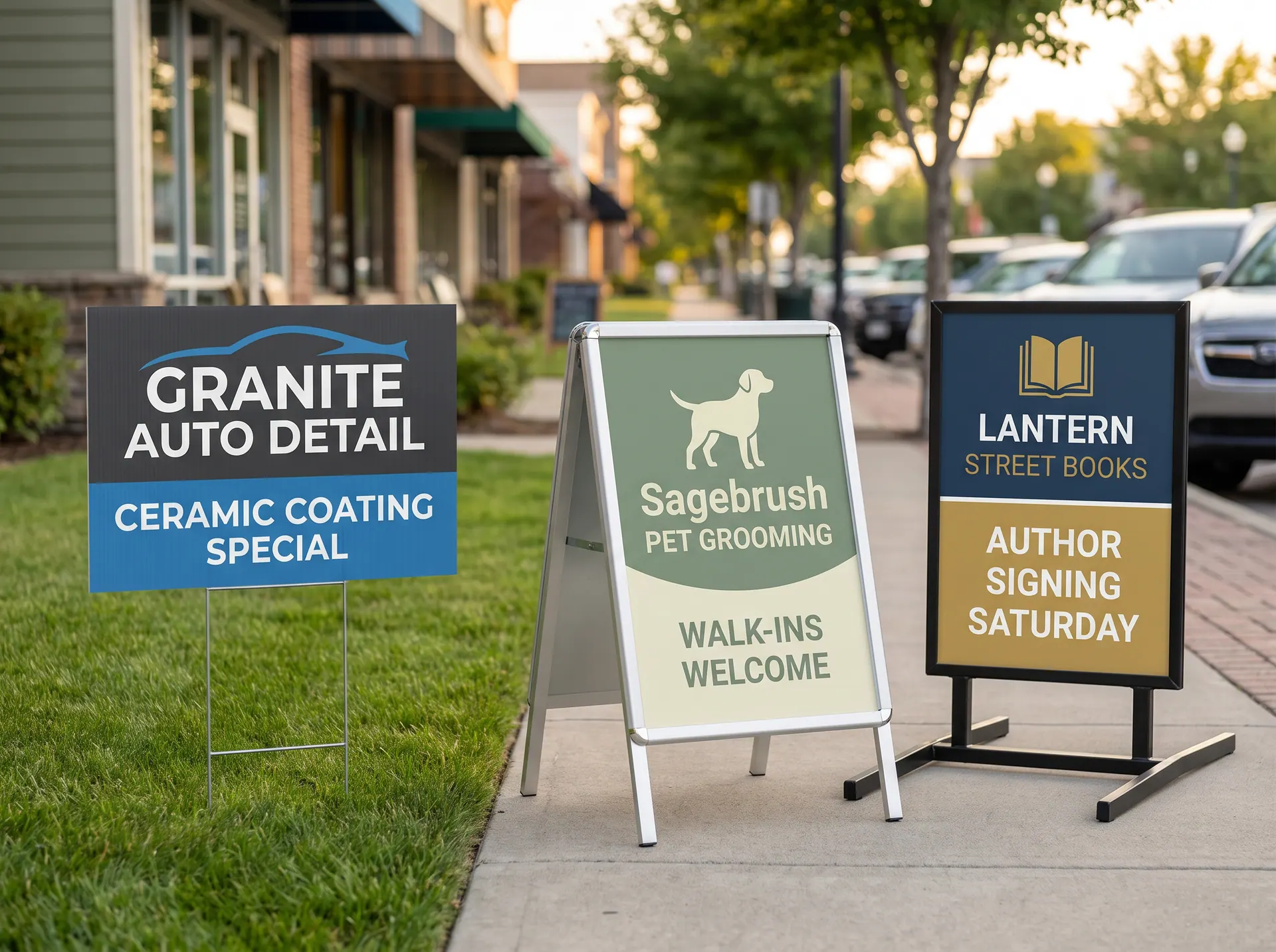 A yard sign on a wire H-stake, an A-frame sidewalk sign and an M-base sign along a suburban street