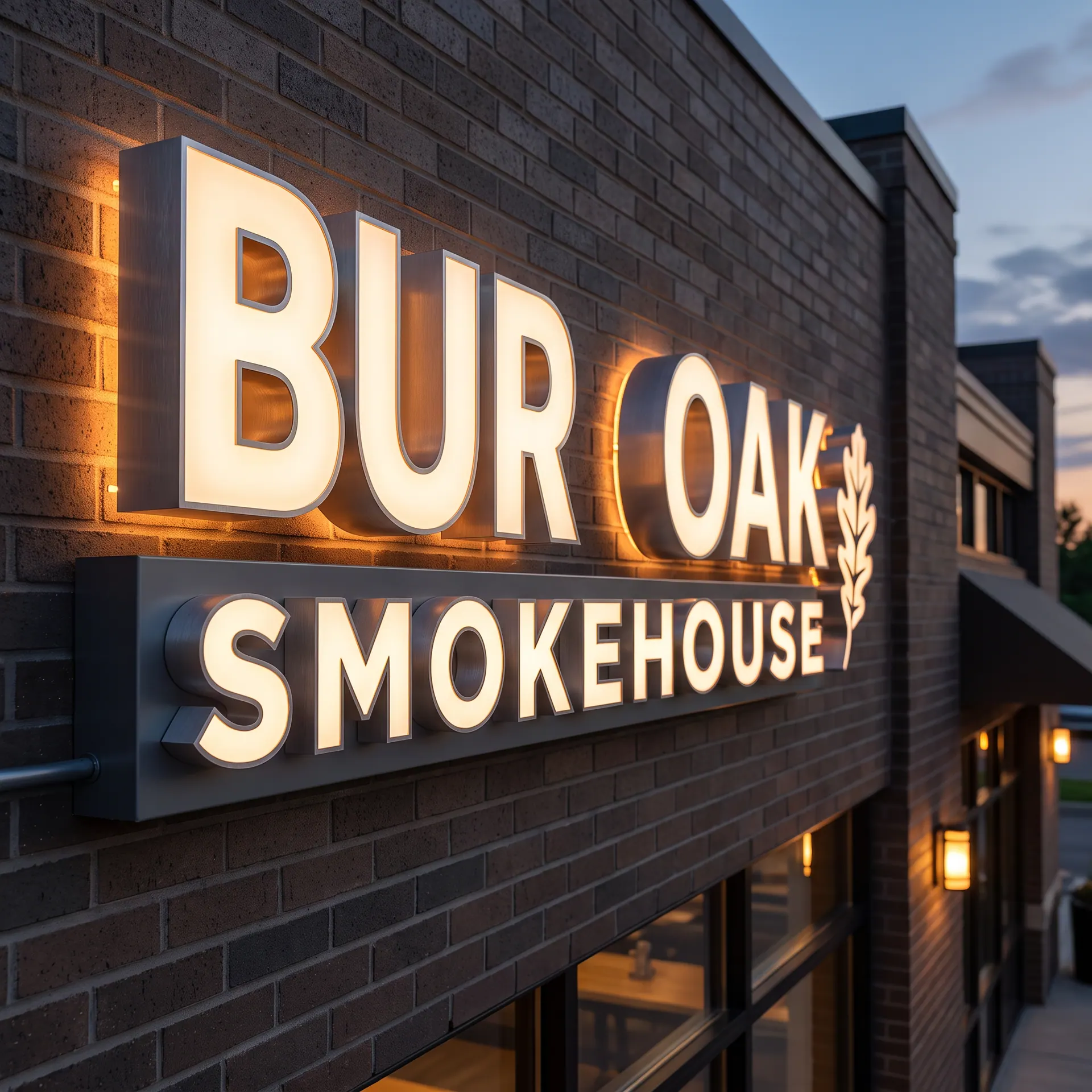 Illuminated channel letters: individual aluminium letter cans with glowing acrylic faces, mounted on a slim raceway, shown with a sample design: on the facade of a restaurant at dusk