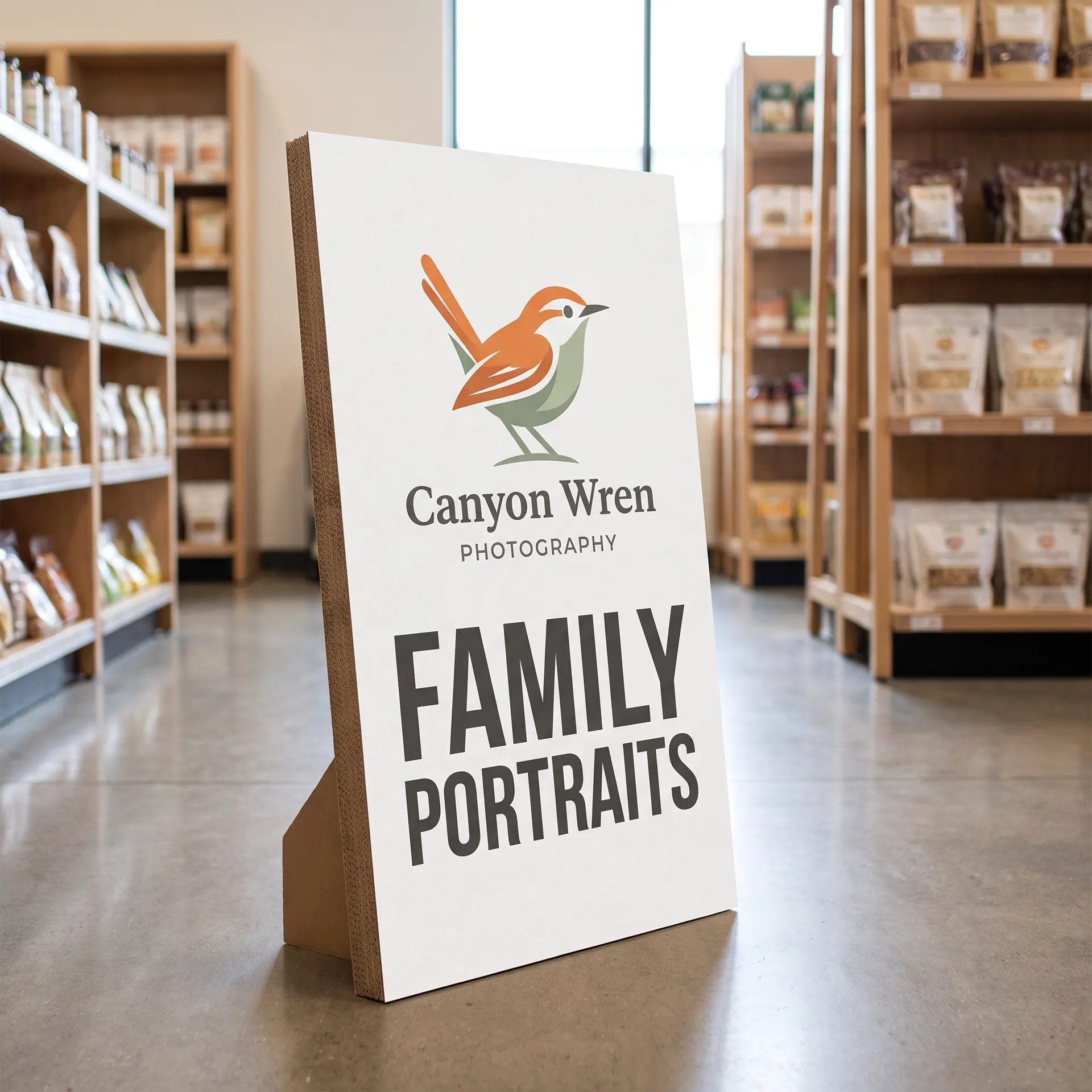 Printed eco honeycomb fibre board display, 24 x 36 inches, die-cut into a freestanding shape with a fold-out foot, shown with a sample design: in a grocery store aisle