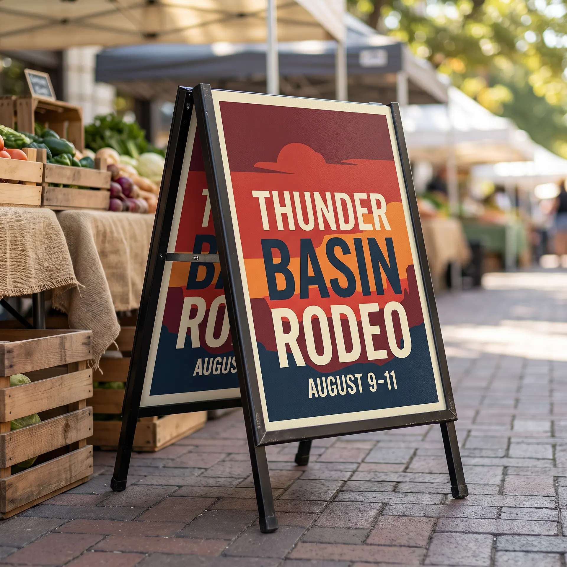 Folding black metal A-frame sign frame with two 24 x 18 inch rigid printed inserts slid into its side channels, their edges hidden by the channels; no grommets, eyelets, holes or ties anywhere, shown with a sample design: on a sidewalk at a weekend farmers market