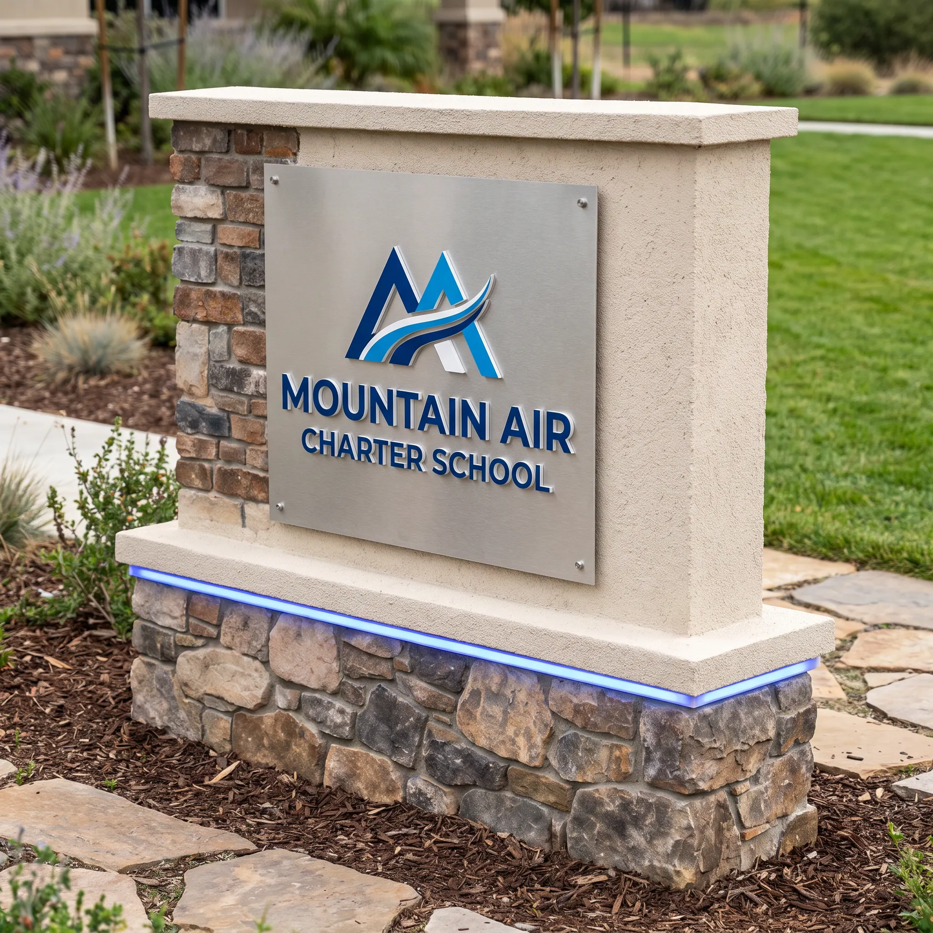Ground-level monument sign: a stone-clad base with an aluminium face panel and raised dimensional letters, shown with a sample design: at the landscaped entrance of a school campus