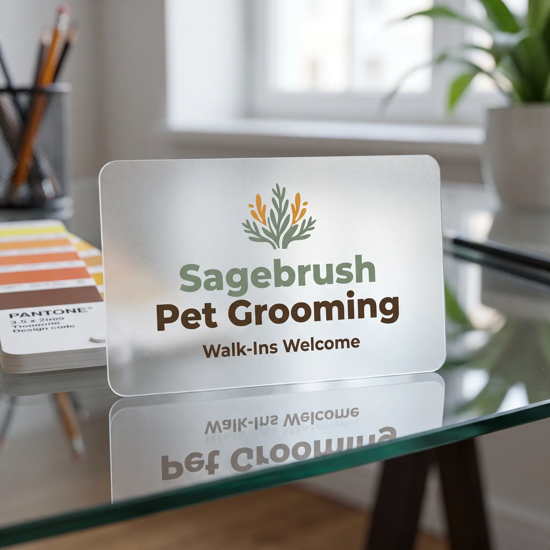 Frosted translucent plastic business cards, 3.5 x 2 inches, light passing through them, shown with a sample design: on a glass desk in a design studio