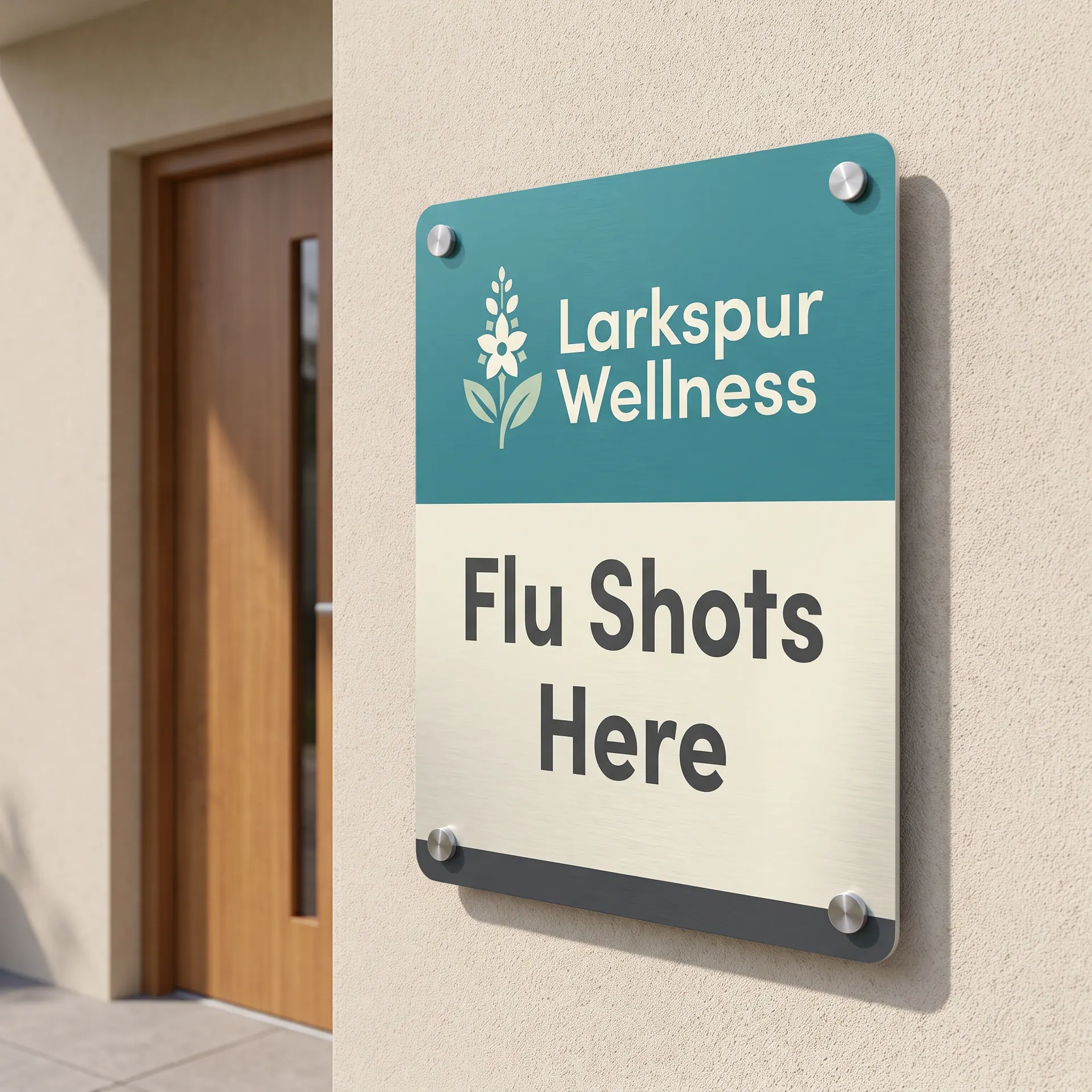18 x 24 inch printed aluminium composite sign panel with rounded corners, held off the wall on four brushed steel standoffs, shown with a sample design: on the stucco wall beside a business entrance
