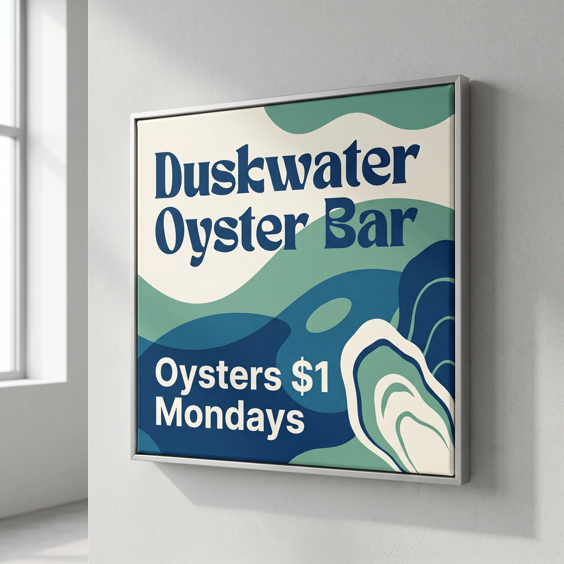 Wall-mounted silicone-edge fabric frame: a printed fabric graphic tensioned in a slim aluminium frame, frameless look, shown with a sample design: on the wall of a retail store