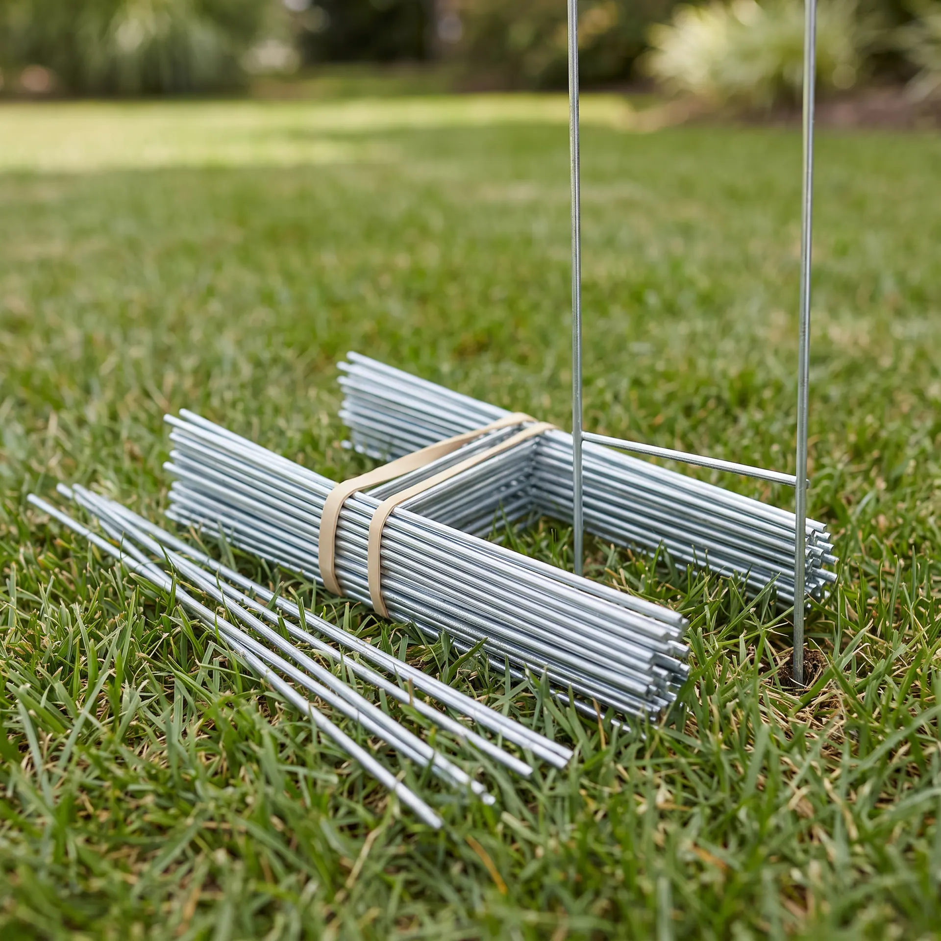 Bundle of 10 x 24 inch galvanised wire H-stakes held with a rubber band, a few loose stakes beside it: pushed into the turf of a front lawn ready to take a sign, with more stakes in the bundle beside them