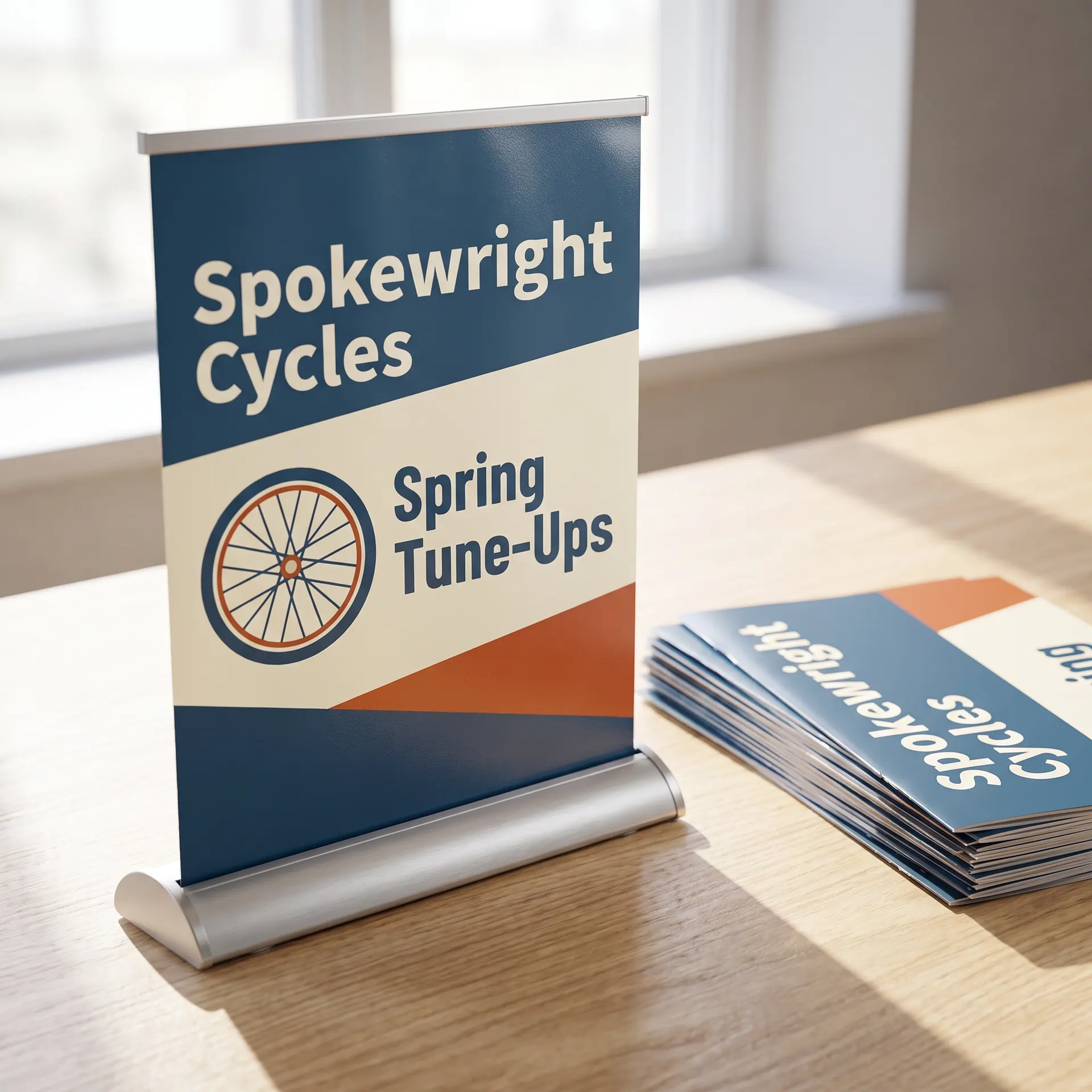 Small tabletop retractable banner stand with a silver base, shown with a sample design: on a trade show table beside a stack of brochures