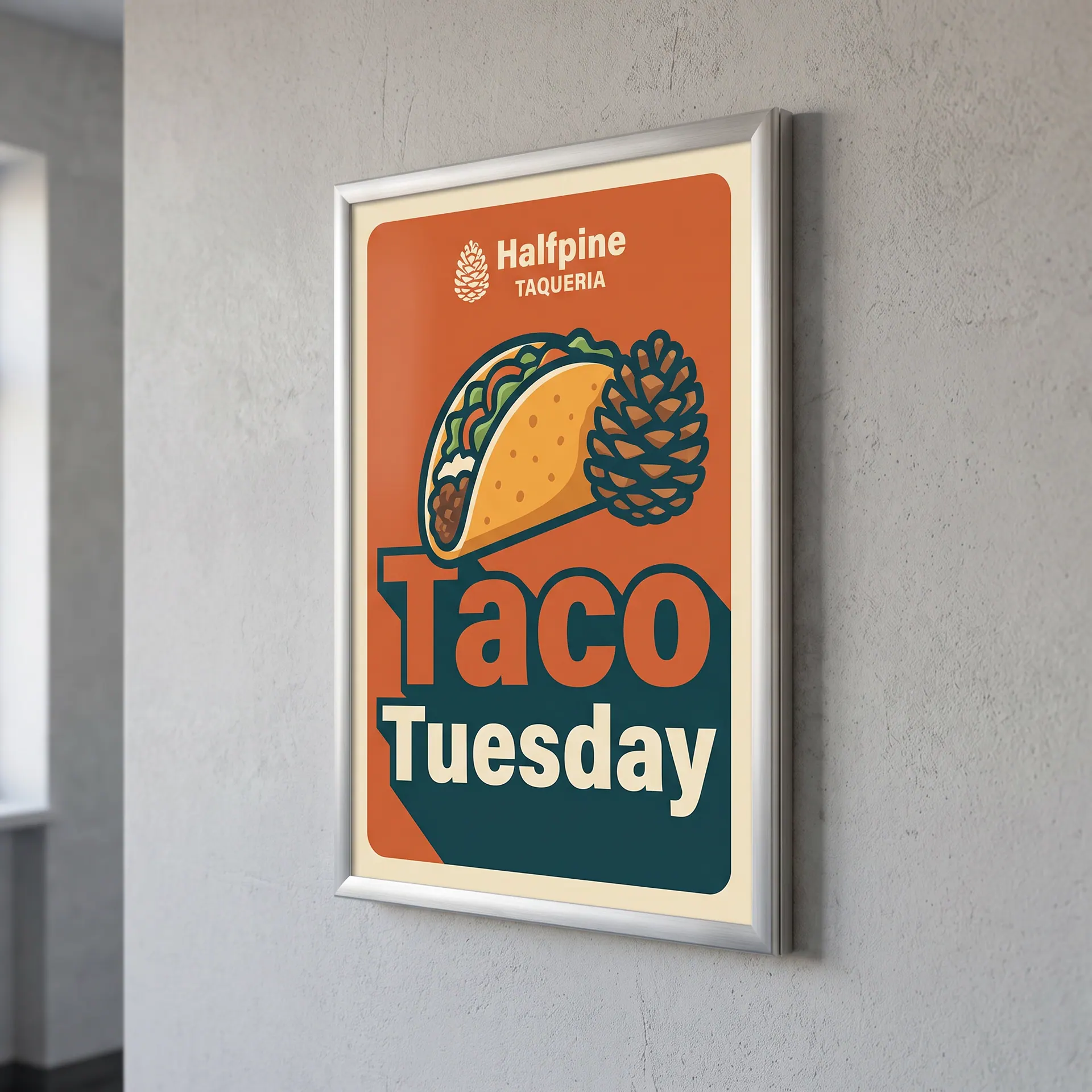 24 x 36 inch poster in a silver aluminium snap frame that opens from the front, shown with a sample design: on a wall in a building corridor