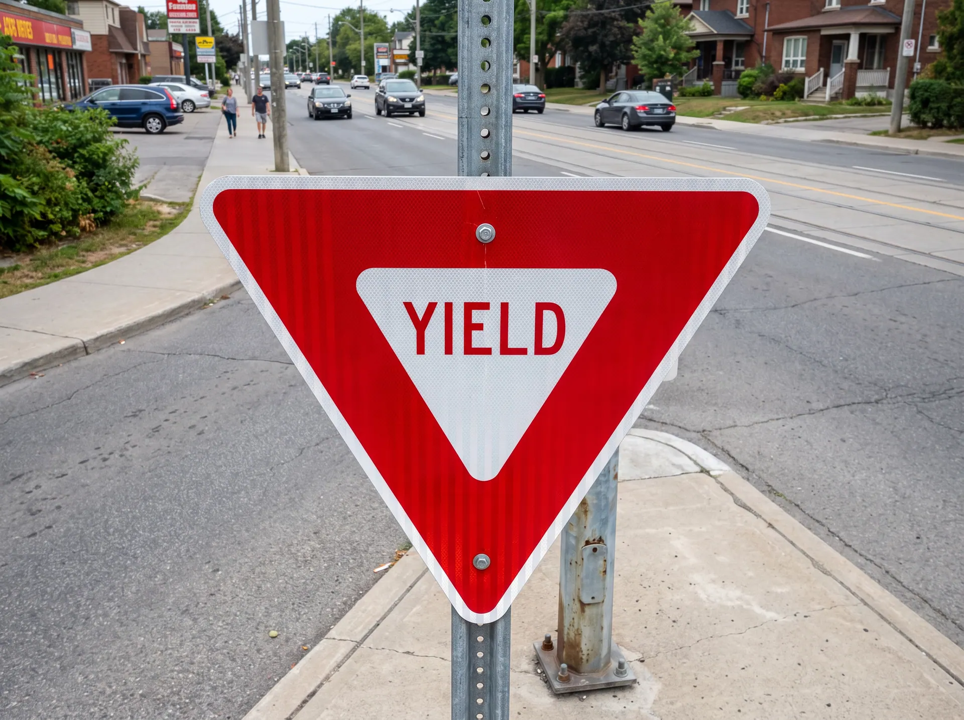 30 inch R1-2 yield sign in reflective sheeting on aluminium, bolted to a galvanised square post, in use: where a side street merges onto a main road