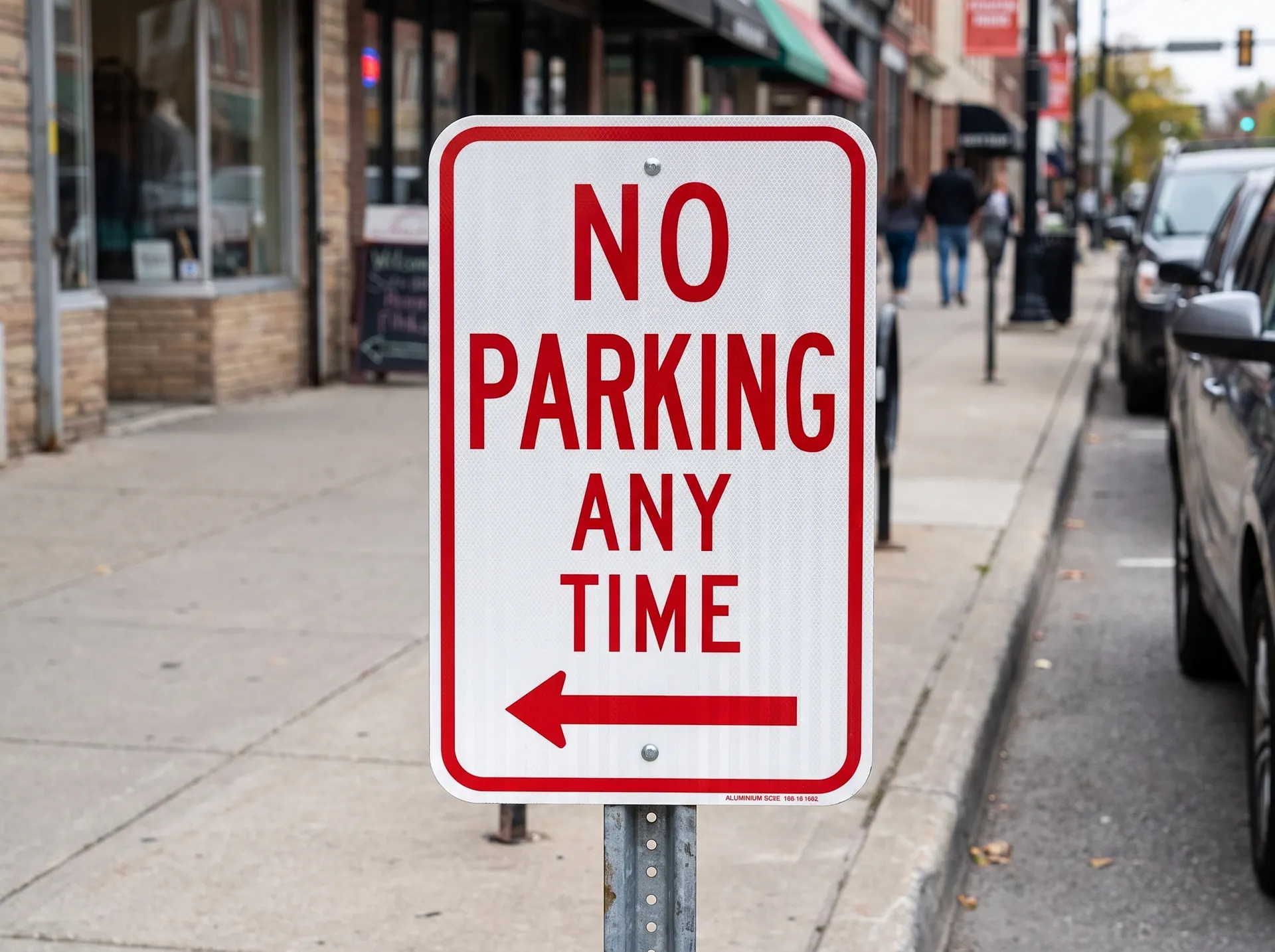 12 x 18 inch R7-1 no parking sign in reflective sheeting on aluminium, on a galvanised post, in use: along the curb of a downtown street