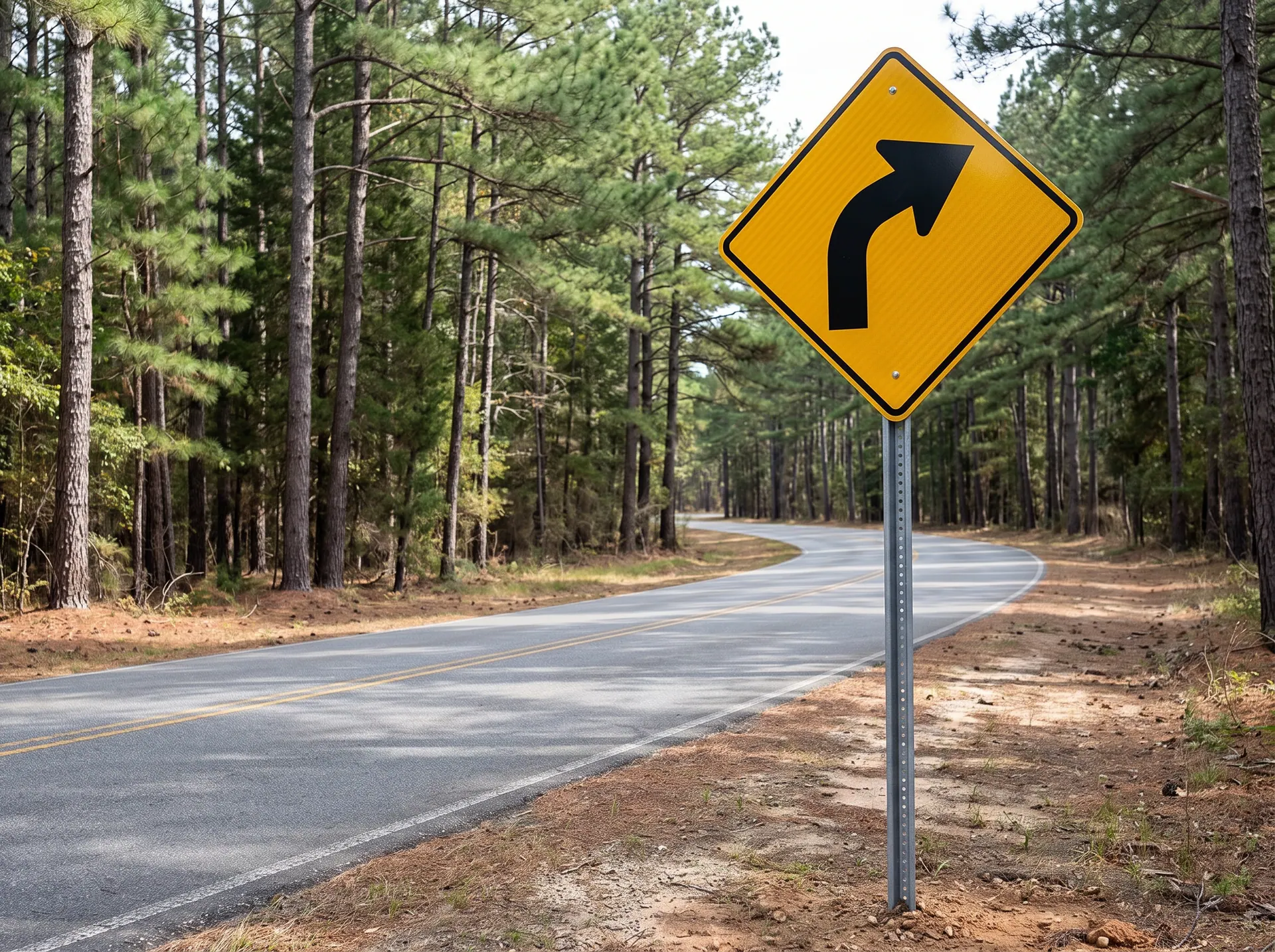 30 x 30 inch W1-2 curve warning sign in reflective sheeting on aluminium, on a galvanised post, in use: before a bend in a rural road through pine trees