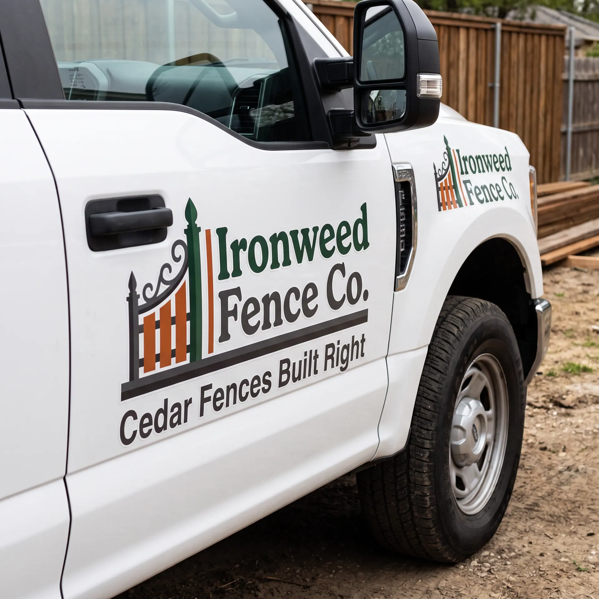 Set of printed and contour-cut cast vinyl vehicle decals: a door logo and short lettering on the front doors, 24″ × 12″, shown with a sample design: on a white pickup truck parked at a job site